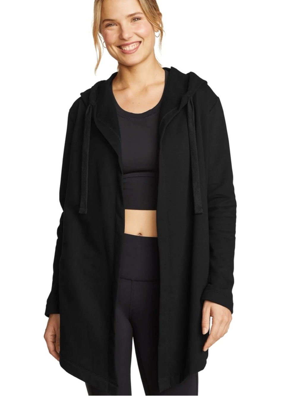 Eddie Bauer Black Hooded Open-Front Cardigan